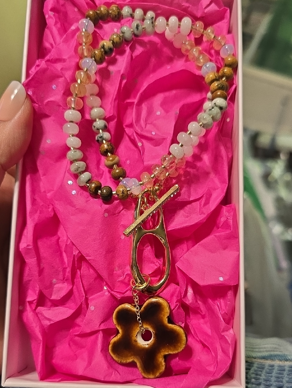 Nicole Miller Gold-Tone Flower Pendant Beaded Necklace - Beige, Pink & Brown